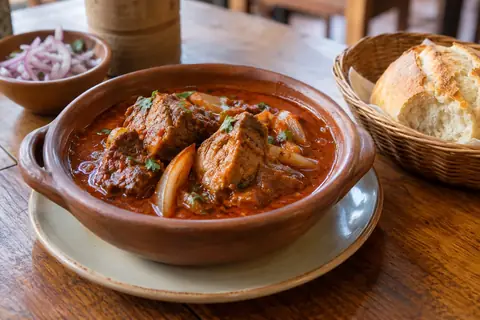 Porc mijoté dans une sauce rouge au piment, dans un bol de terre, panier de pain à côté
