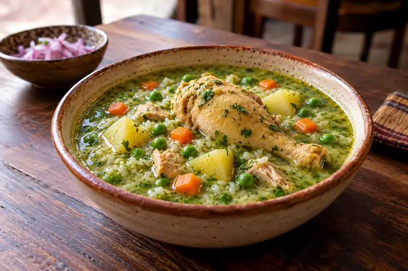 Bol de soupe verte à la coriandre avec une cuisse de poulet, du riz, des petits pois, des dés de carotte et de pomme de terre