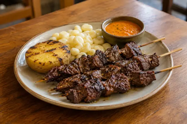 Brochettes de cœur de bœuf grillées, avec une pomme de terre grillée, des grains de maïs blanc et une sauce au piment