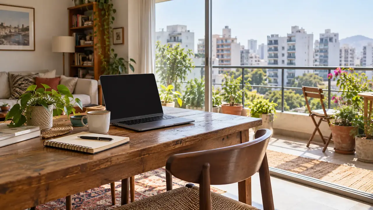Table de travail avec ordinateur portable et carnet dans un appartement lumineux, terrasse fleurie donnant sur des immeubles