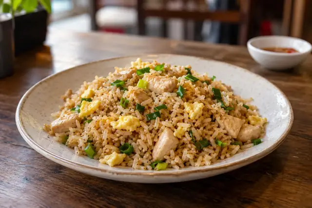 Riz sauté au wok avec morceaux de poulet, œuf brouillé et oignon vert