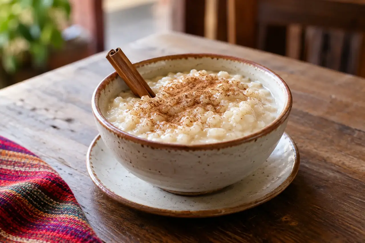 Bol de riz au lait crémeux saupoudré de cannelle, un bâton de cannelle planté dedans