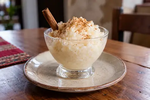 Coupe de riz au lait saupoudrée de cannelle, un bâton de cannelle planté dedans