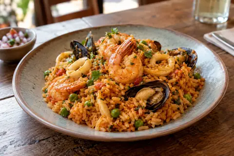 Riz rouge-orangé aux fruits de mer avec crevettes, moules, calamars et petits pois