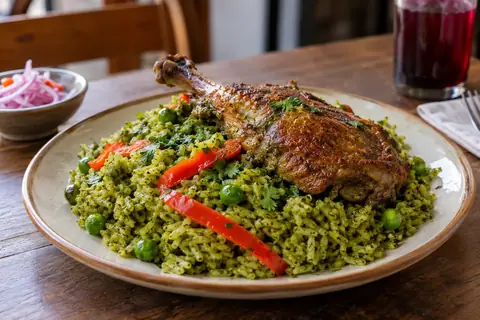 Cuisse de canard rôtie sur un riz vert à la coriandre avec petits pois et lanières de poivron rouge