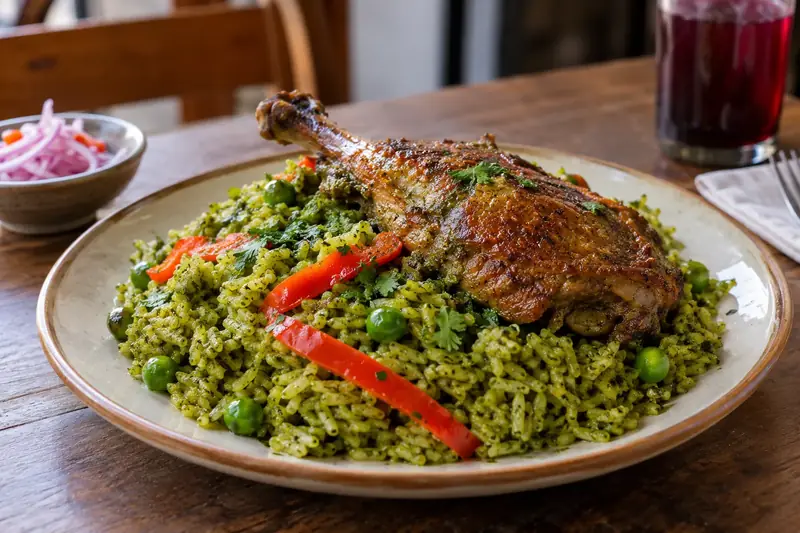 Cuisse de canard rôtie sur un riz vert à la coriandre avec petits pois et lanières de poivron rouge