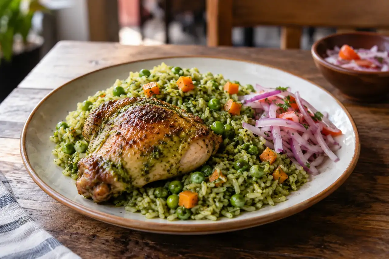 Cuisse de poulet dorée sur un riz vert à la coriandre avec petits pois et carotte, salsa criolla à côté