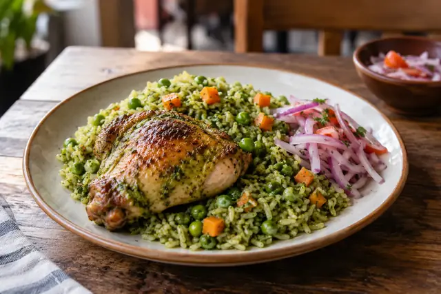 Cuisse de poulet dorée sur un riz vert à la coriandre avec petits pois et carotte, salsa criolla à côté