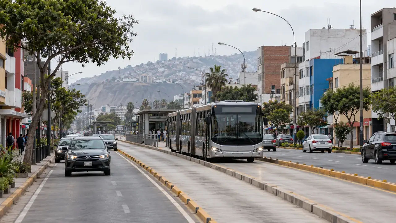Bus articulé sur une voie réservée au centre d’une avenue, voitures sur les voies latérales et colline en arrière-plan