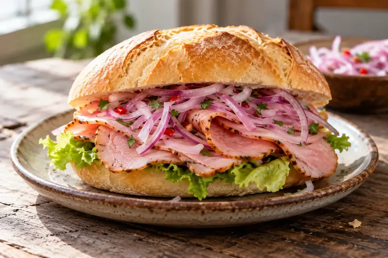 Petit pain garni de tranches de jambon cuit, de laitue et de salsa criolla