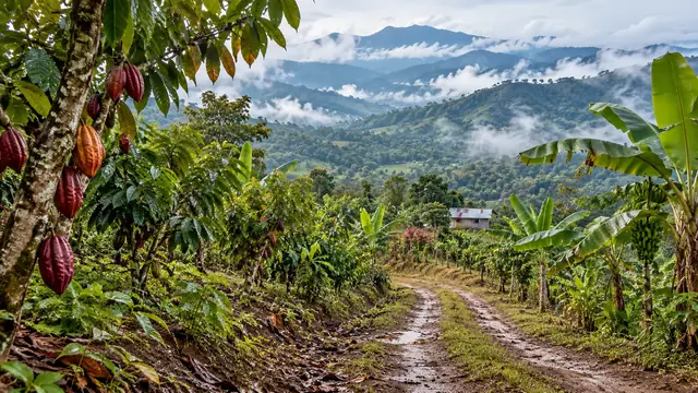 Cabosses de cacao rouges sur un tronc, plantations, bananiers et collines boisées sous les nuages, chemin de terre