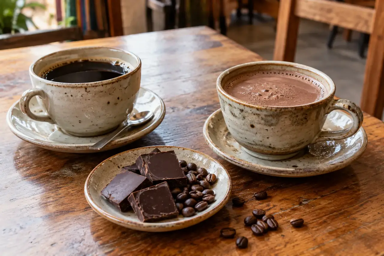 Tasse de café noir et tasse de chocolat chaud, carrés de chocolat et grains de café sur une table en bois