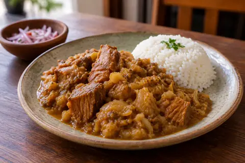 Ragoût brun de pomme de terre séchée et de porc, servi avec du riz blanc