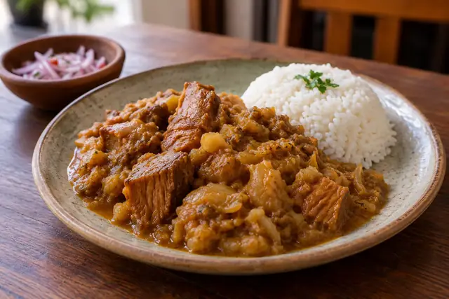 Ragoût brun de pomme de terre séchée et de porc, servi avec du riz blanc