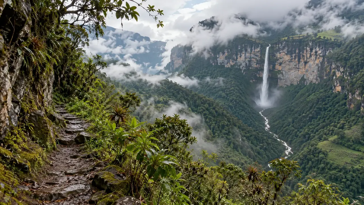 Sentier de terre longeant une vallée de forêt de nuages, face à une haute cascade qui tombe d’une falaise