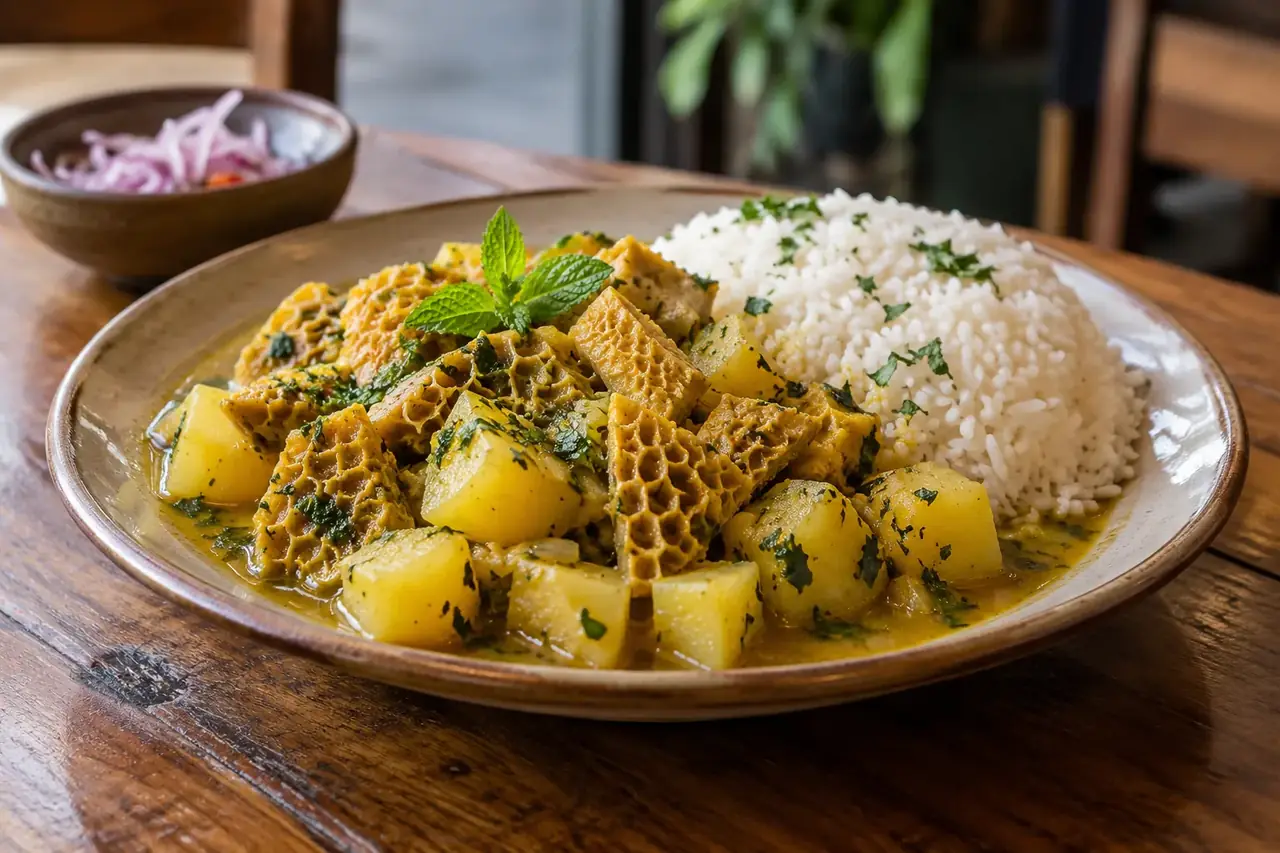 Ragoût jaune de tripes et de pommes de terre en dés, parsemé de menthe, servi avec du riz blanc