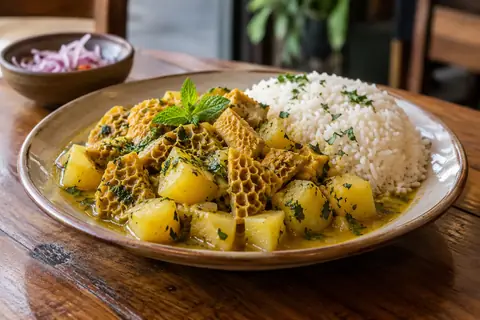 Ragoût jaune de tripes et de pommes de terre en dés, parsemé de menthe, servi avec du riz blanc