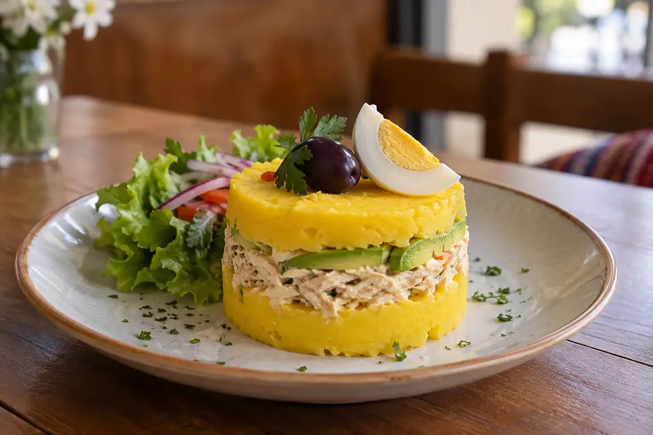 Causa en cercle : deux couches de purée jaune encadrant poulet et avocat, œuf dur et olive sur le dessus