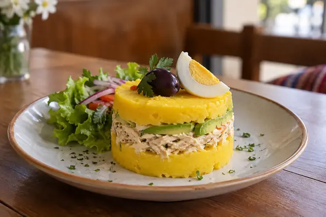 Causa en cercle : deux couches de purée jaune encadrant poulet et avocat, œuf dur et olive sur le dessus