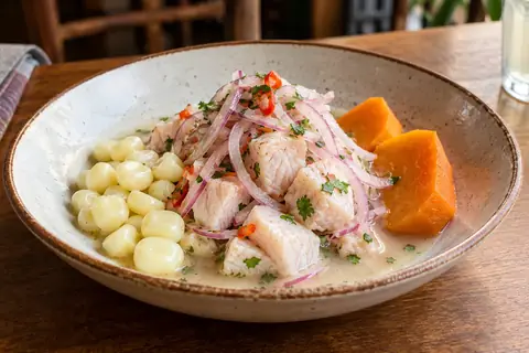 Ceviche de poisson blanc en dés, oignon rouge, piment et coriandre, avec maïs choclo et patate douce