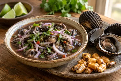 Ceviche de coques noires à l’oignon rouge et à la coriandre, coquillages ouverts et maïs grillé à côté