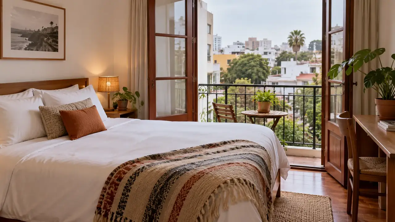 Chambre claire avec grand lit, plaid tissé et porte-fenêtre ouverte sur un balcon donnant sur des immeubles et des arbres