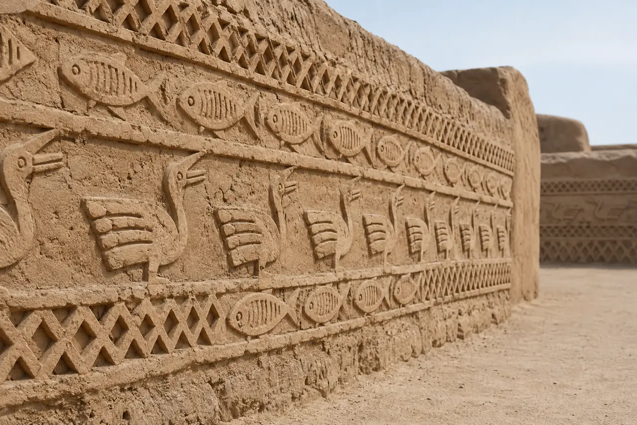 Mur d’argile sculpté de frises de poissons et d’oiseaux marins, entre des bandes de losanges, sous un ciel clair