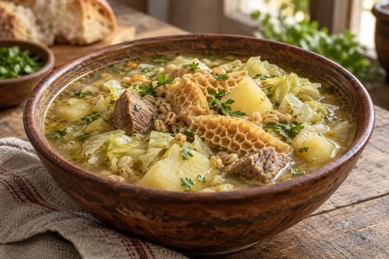 Bol de soupe claire aux tripes, avec des morceaux de viande, du chou, de la pomme de terre et des grains de blé