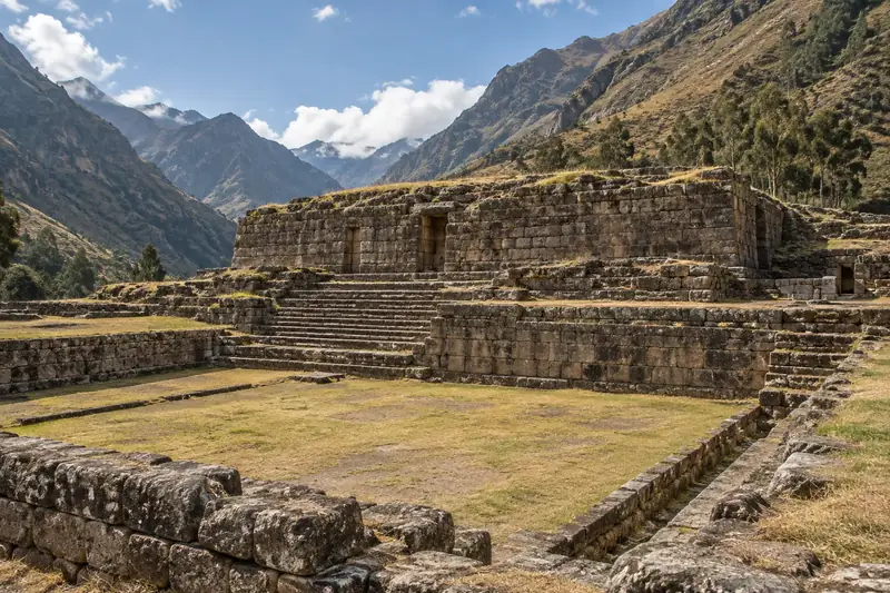Temple de pierre en terrasses avec escaliers et place en contrebas, dans une vallée de montagne