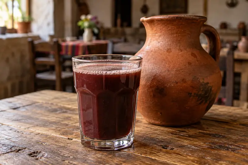 Verre de chicha de guiñapo, boisson sombre et trouble, à côté d’une cruche en terre cuite
