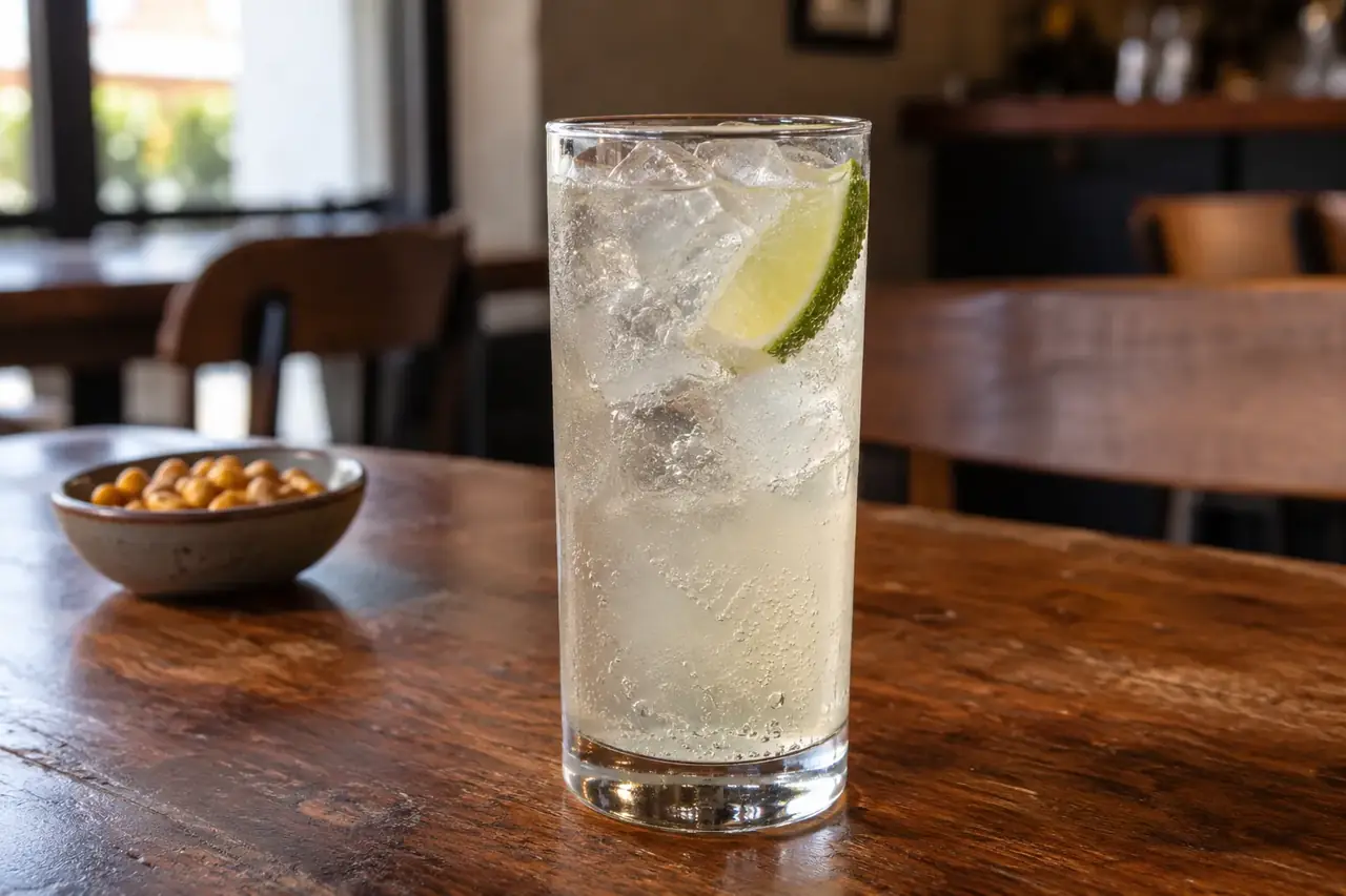 Chilcano dans un grand verre rempli de glace avec un quartier de citron vert, bol de maïs grillé à côté