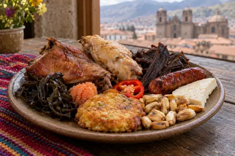 Grand plat froid : cuy et poulet rôtis, viande séchée, saucisse, galette de maïs, œufs de poisson, algues, fromage et maïs grillé
