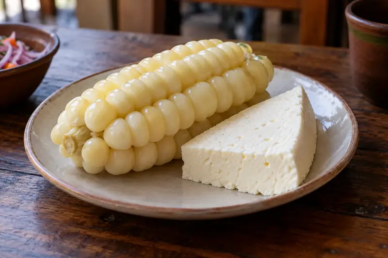 Épi de maïs choclo aux gros grains blancs et tranche de fromage frais