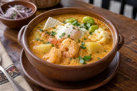 Soupe orange aux crevettes dans un bol de terre, avec œuf poché, fromage frais, fèves, maïs et pommes de terre