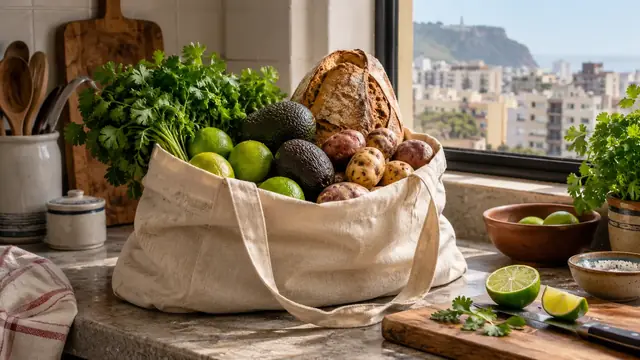 Sac en toile rempli de coriandre, de citrons verts, d’avocats, de pommes de terre et de pain, sur le plan de travail d’une cuisine avec vue sur la ville
