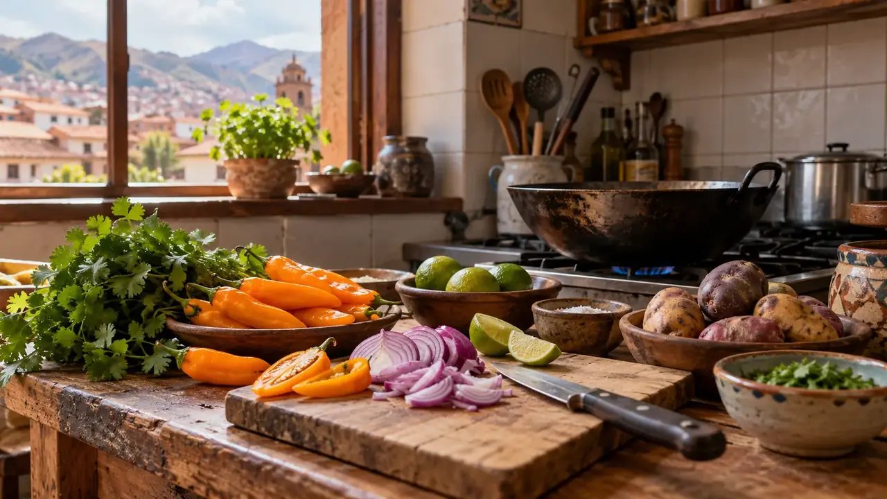 Plan de travail en bois avec coriandre, piments jaunes, citrons verts, oignon rouge émincé et pommes de terre, wok sur le feu et toits d’une ville andine par la fenêtre