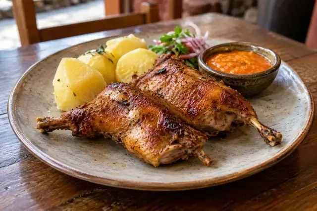 Deux morceaux de cuy rôti au four, des pommes de terre et un petit bol de sauce au piment