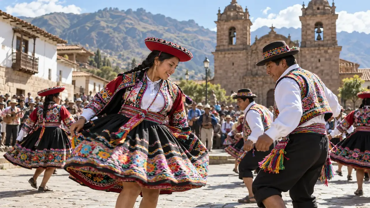 Danseuses et danseurs en costumes brodés tournoient sur une place pavée devant une église de pierre, une foule regarde