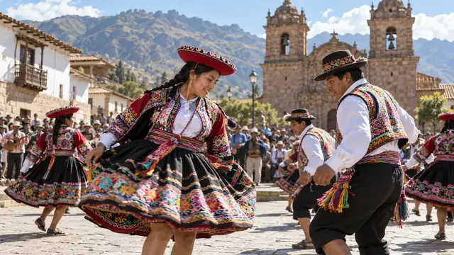 Danseuses et danseurs en costumes brodés tournoient sur une place pavée devant une église de pierre, une foule regarde