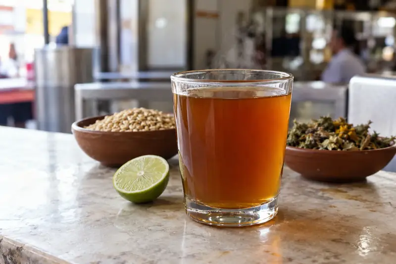 Verre d’emoliente ambré et filtré sur un comptoir, à côté d’un citron vert et de bols d’orge et de plantes séchées