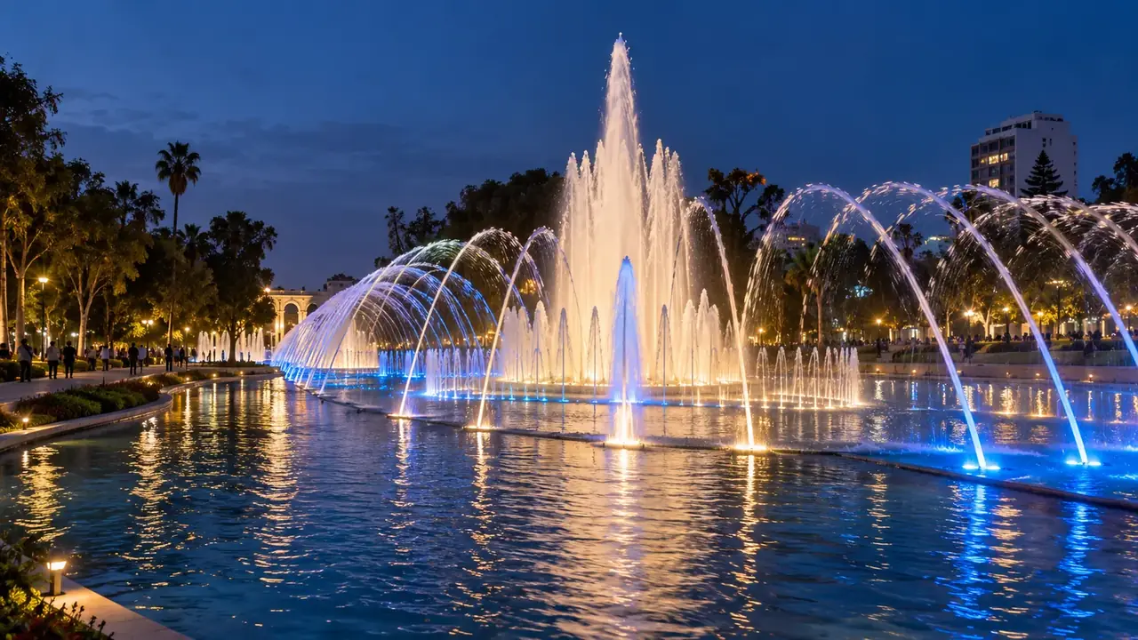 Jets d’eau éclairés en bleu et blanc au-dessus d’un long bassin, dans un parc, à la tombée de la nuit