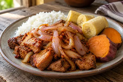 Morceaux de viande frits aux oignons, avec du riz blanc, de la banane plantain et de la patate douce