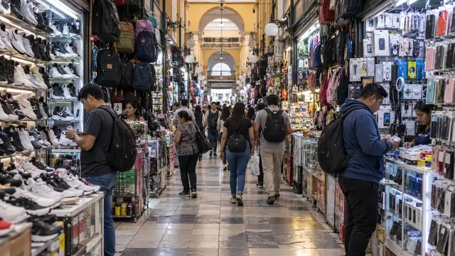 Allée d’une galerie commerciale bordée de stands de téléphones, d’accessoires, de chaussures et de sacs à dos, avec des acheteurs