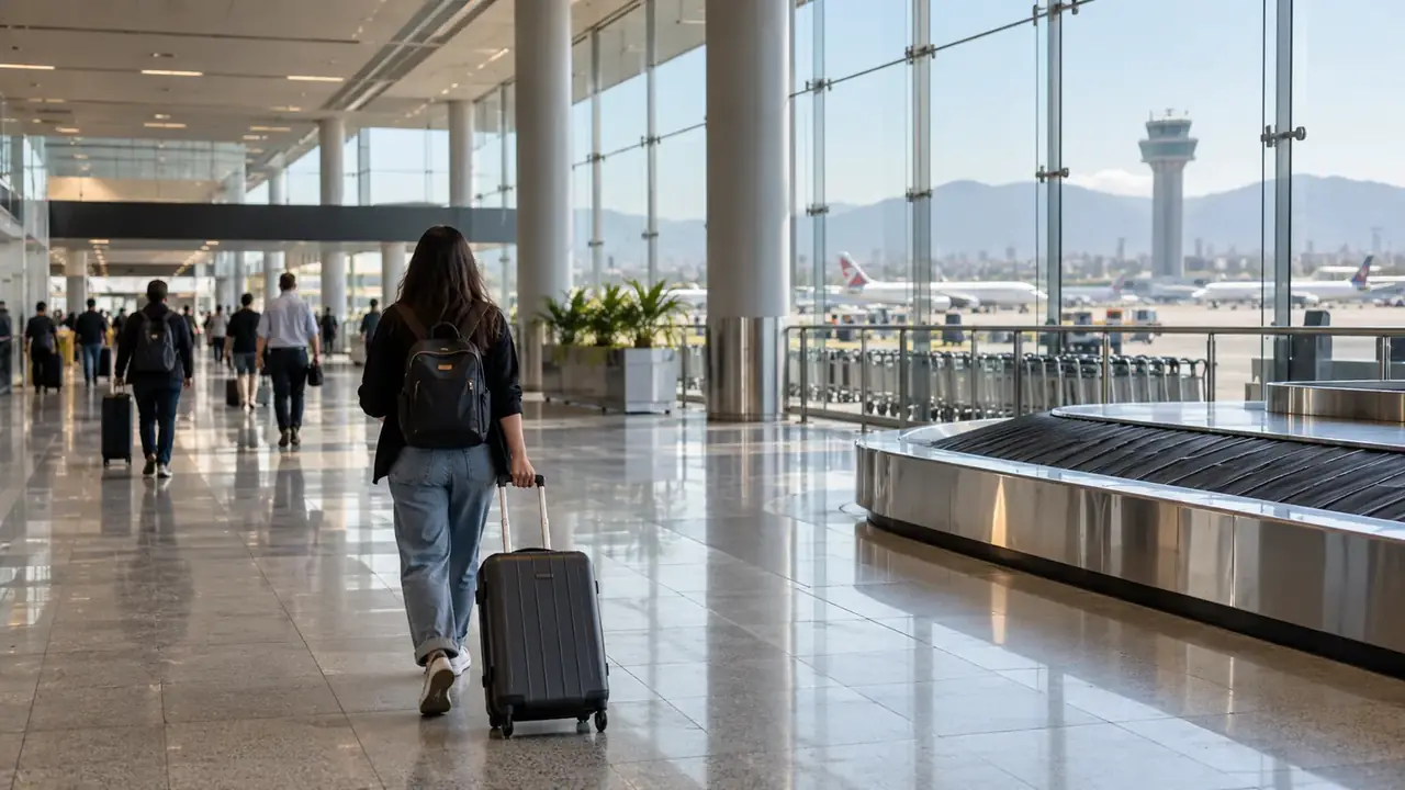 Voyageuse tirant une valise dans un hall d’arrivée vitré, tapis à bagages à droite, avions et tour de contrôle derrière la baie