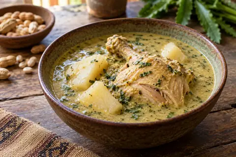 Bol de soupe de poule aux cacahuètes, avec une cuisse de poulet, des morceaux de manioc et de la coriandre