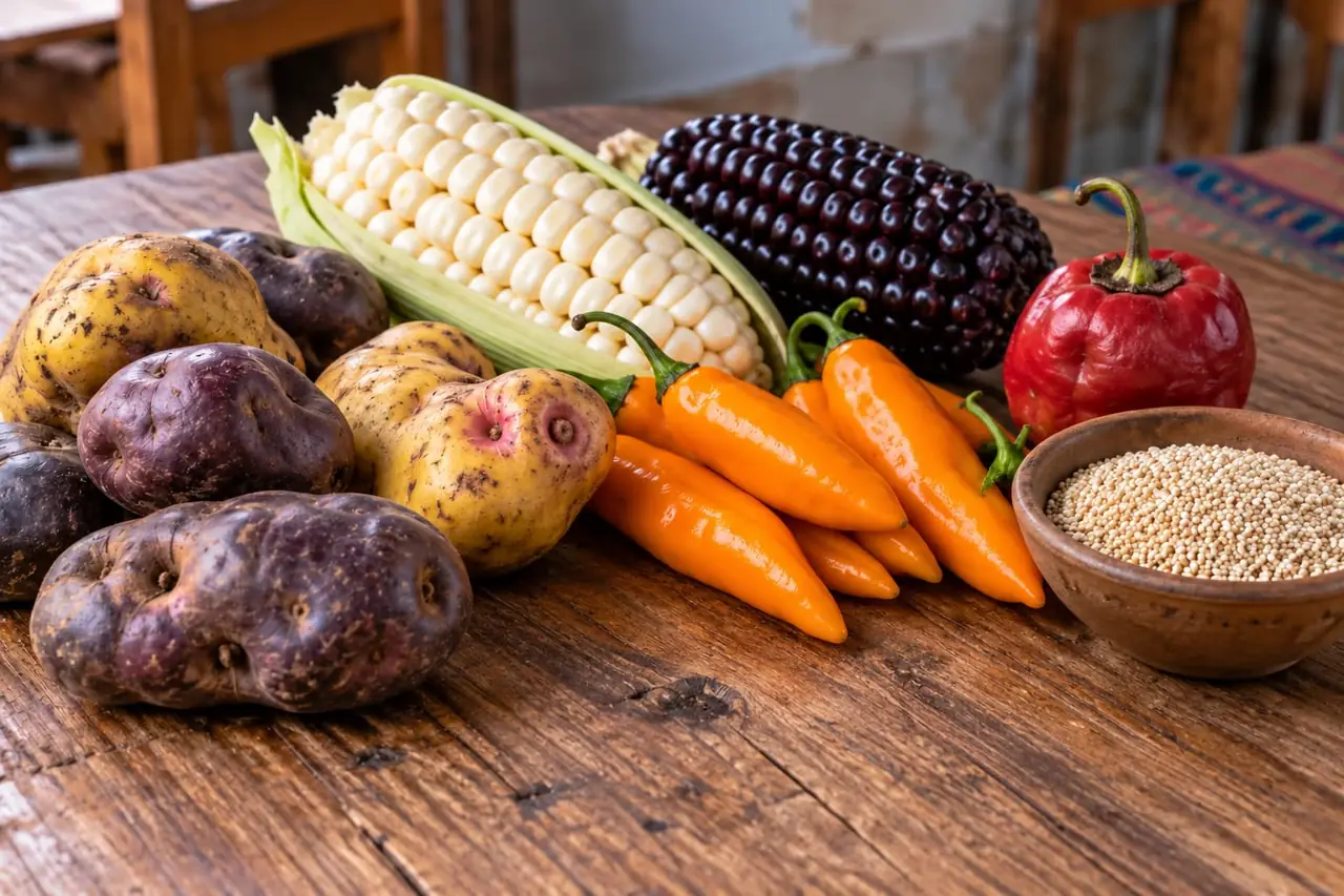 Pommes de terre natives jaunes et violettes, épi de maïs blanc à gros grains, épi de maïs violet, piments jaunes, un rocoto rouge et un bol de quinoa sur une table en bois
