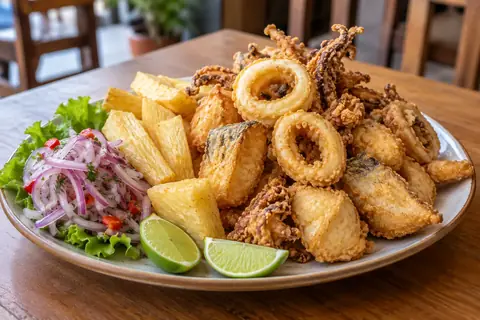Friture de poisson, de calamars et de fruits de mer, manioc frit, salsa criolla et citrons verts