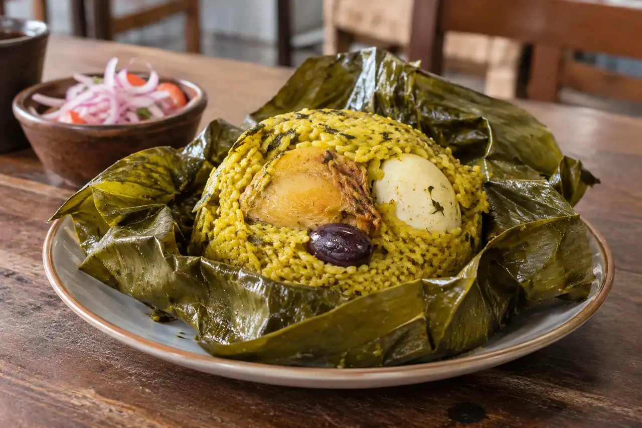 Juane ouvert dans sa feuille de bijao : riz jaune, morceau de poule, œuf et olive noire