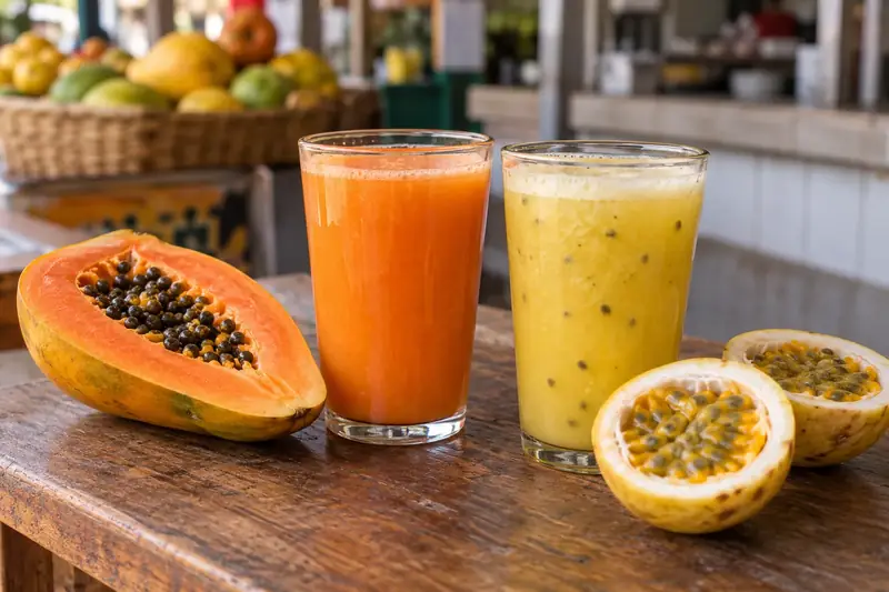 Deux grands verres de jus, papaye orange et fruit de la passion jaune, devant une papaye et des maracujas coupés, sur un comptoir de marché