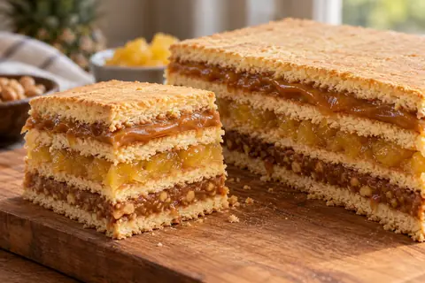 Gâteau en couches de biscuit, garni de manjar blanco, de confiture d’ananas et de pâte de cacahuète